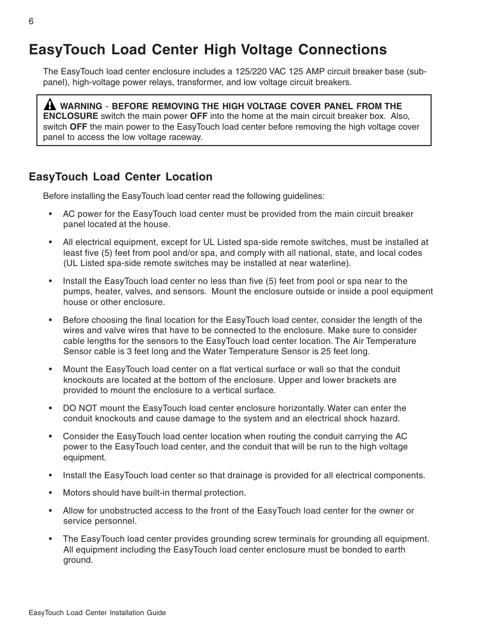 Easytouch load center high voltage connections, Easytouch load center location | Pentair EasyTouch 8 and 4 Pool and Spa Control System User Manual | Page 12 / 32