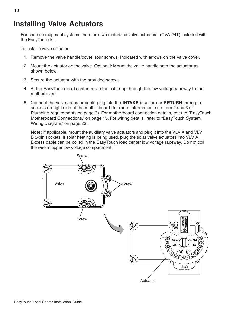 Installing valve actuators | Pentair EasyTouch 8 and 4 Pool and Spa Control System User Manual | Page 22 / 32