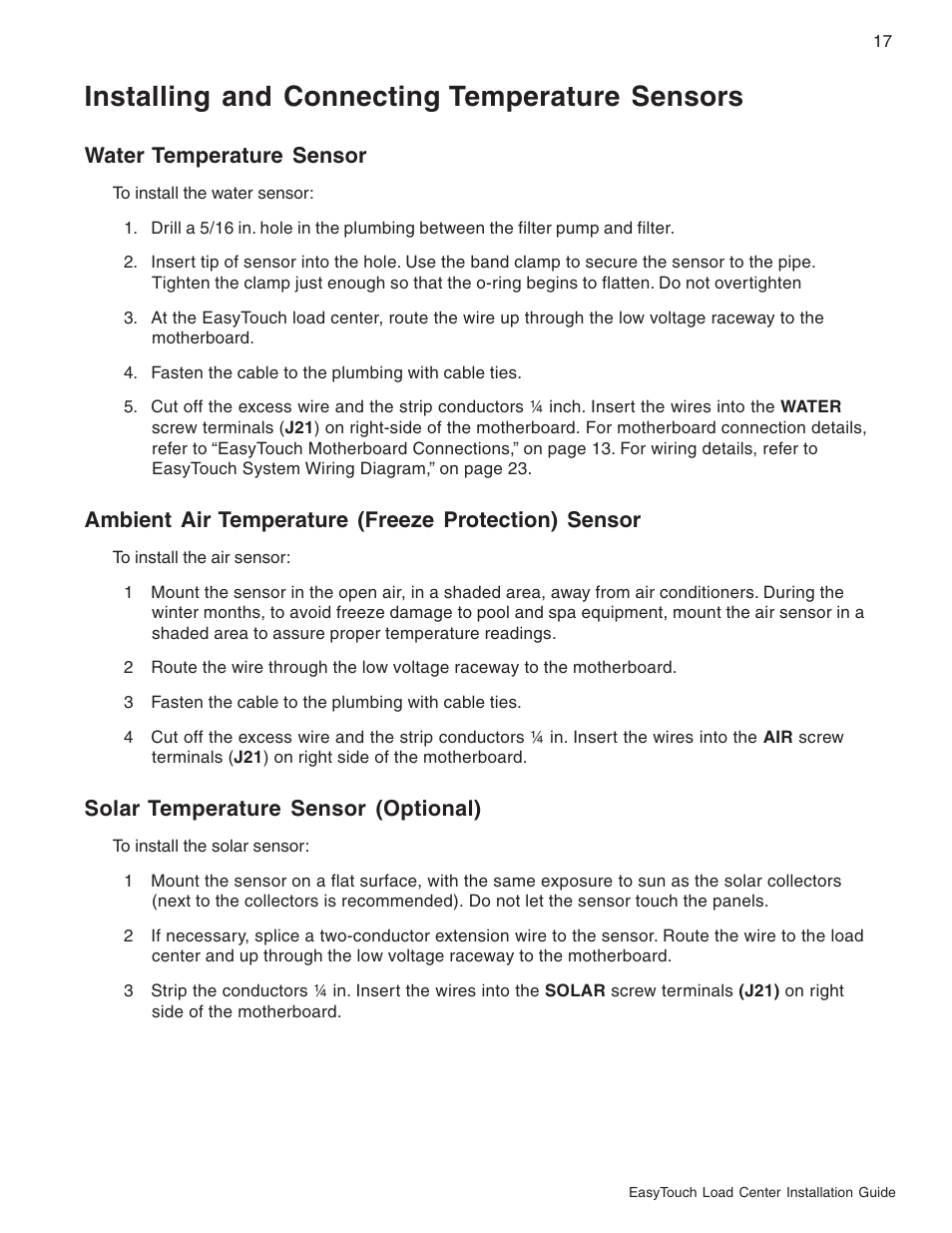 Installing and connecting temperature sensors | Pentair EasyTouch 8 and 4 Pool and Spa Control System User Manual | Page 23 / 32