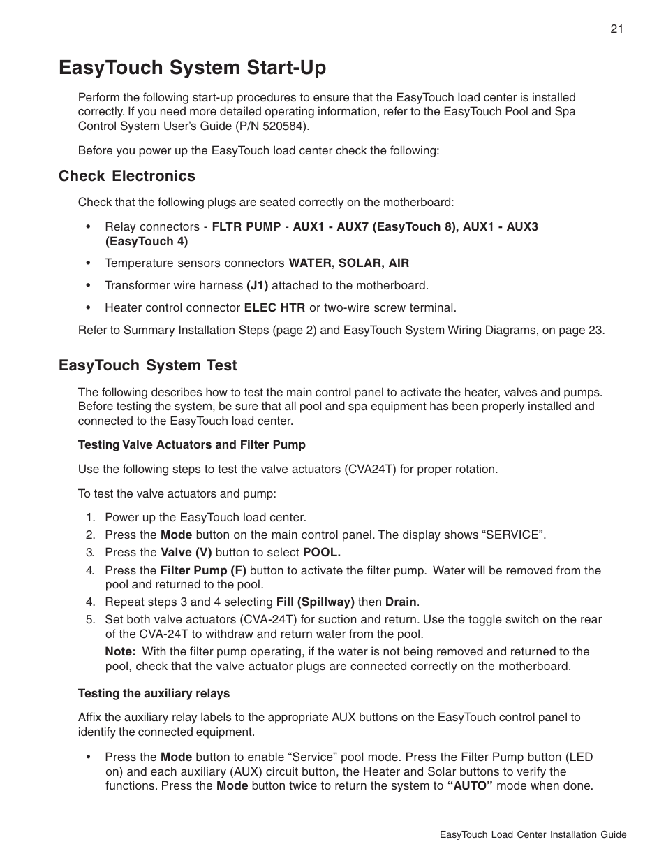 Easytouch system start-up, Check electronics, Easytouch system test | Pentair EasyTouch 8 and 4 Pool and Spa Control System User Manual | Page 27 / 32