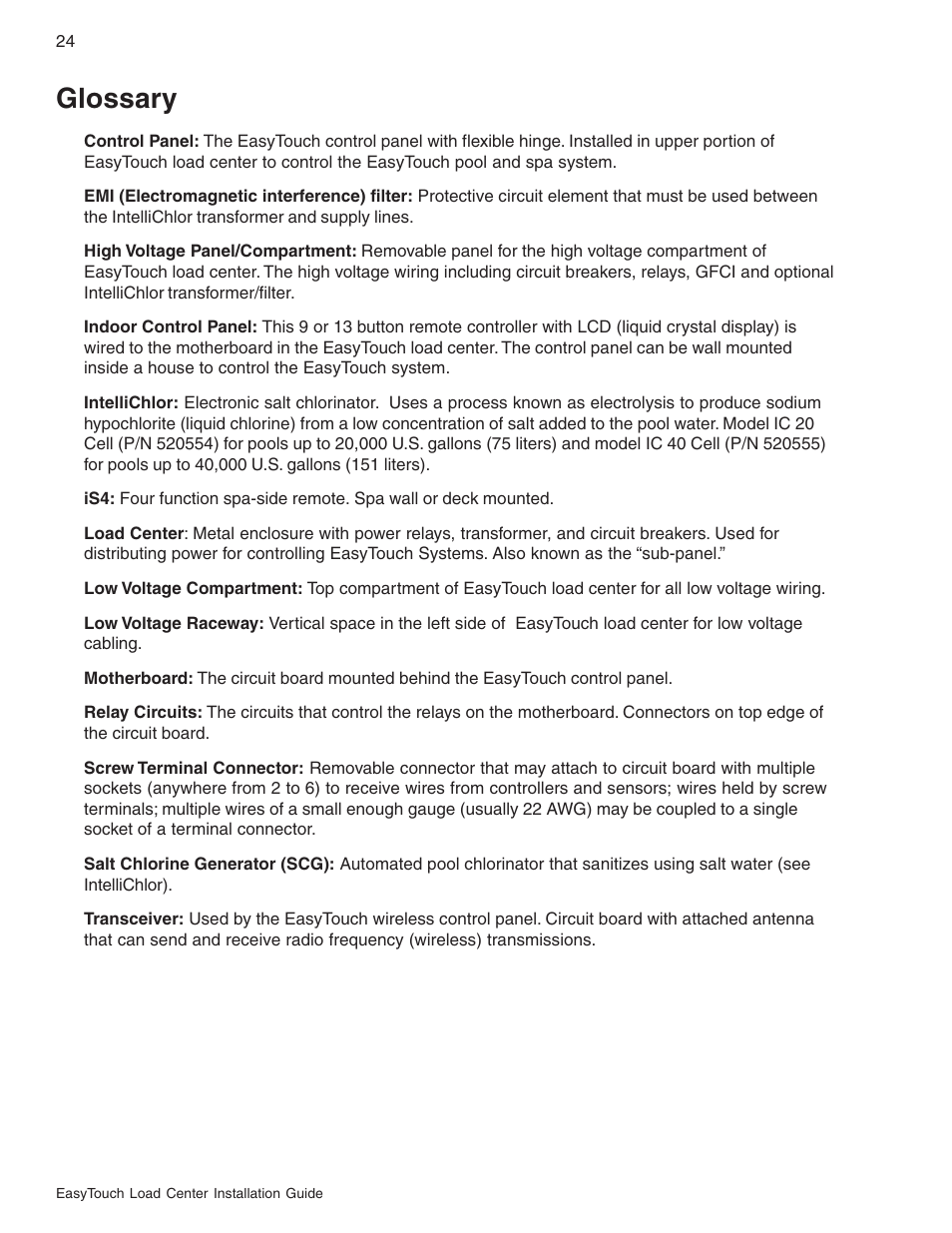 Glossary | Pentair EasyTouch 8 and 4 Pool and Spa Control System User Manual | Page 30 / 32