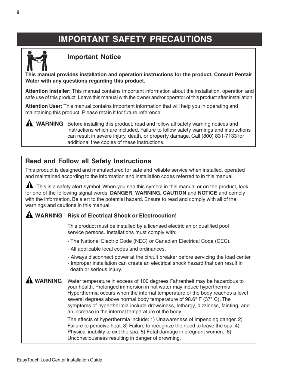 Important safety precautions, Important notice, Read and follow all safety instructions | Pentair EasyTouch 8 and 4 Pool and Spa Control System User Manual | Page 4 / 32