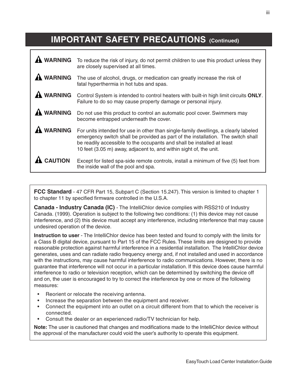 Important safety precautions | Pentair EasyTouch 8 and 4 Pool and Spa Control System User Manual | Page 5 / 32