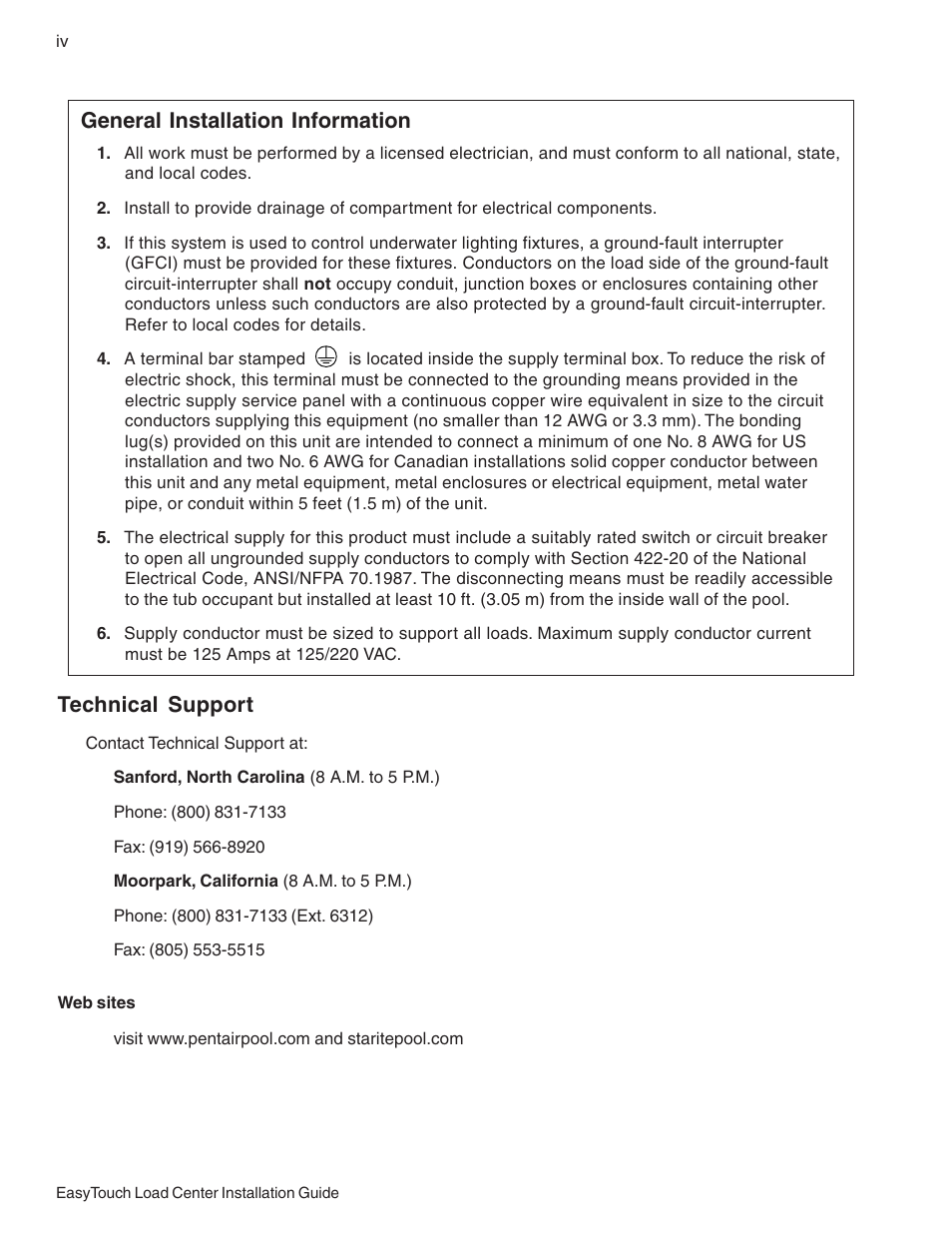 General installation information, Technical support | Pentair EasyTouch 8 and 4 Pool and Spa Control System User Manual | Page 6 / 32