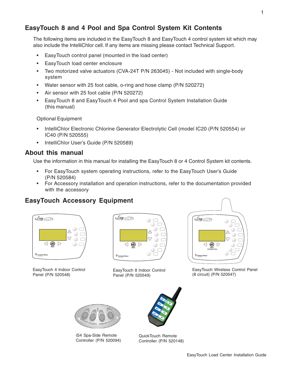 About this manual, Easytouch accessory equipment | Pentair EasyTouch 8 and 4 Pool and Spa Control System User Manual | Page 7 / 32