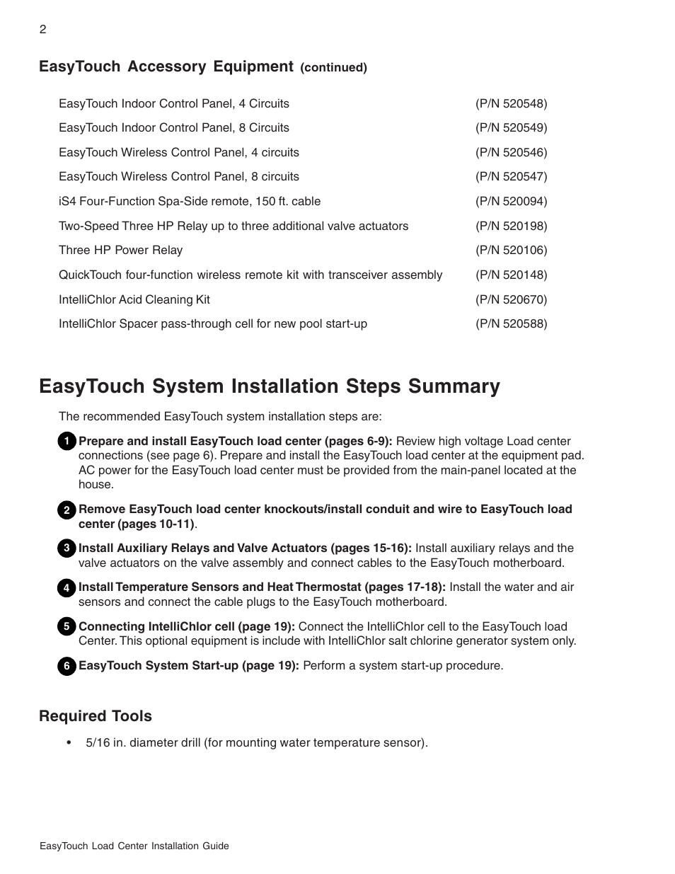 Easytouch system installation steps summary, Easytouch accessory equipment, Required tools | Pentair EasyTouch 8 and 4 Pool and Spa Control System User Manual | Page 8 / 32