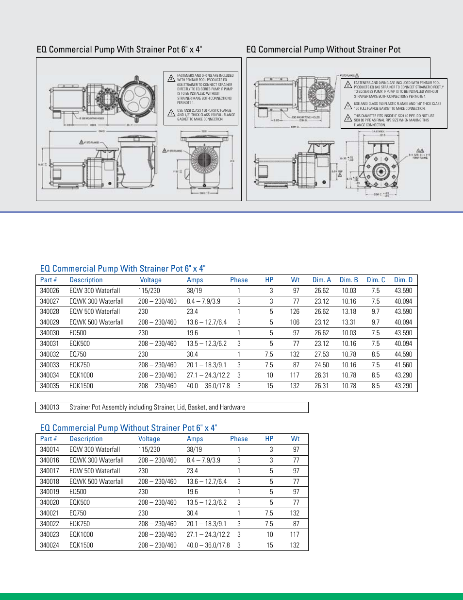 Eq commercial pump with strainer pot 6" x 4, Eq commercial pump without strainer pot 6" x 4 | Pentair EQ SERIES User Manual | Page 3 / 4