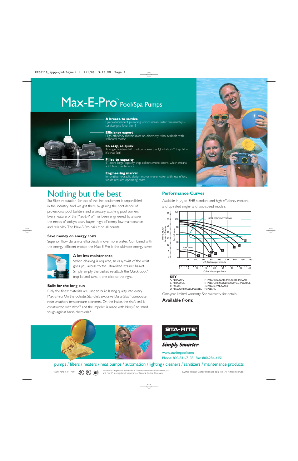 Max-e-pro, Nothing but the best, Pool/spa pumps | Performance curves, Available from | Pentair Max-E-Pro User Manual | Page 2 / 2