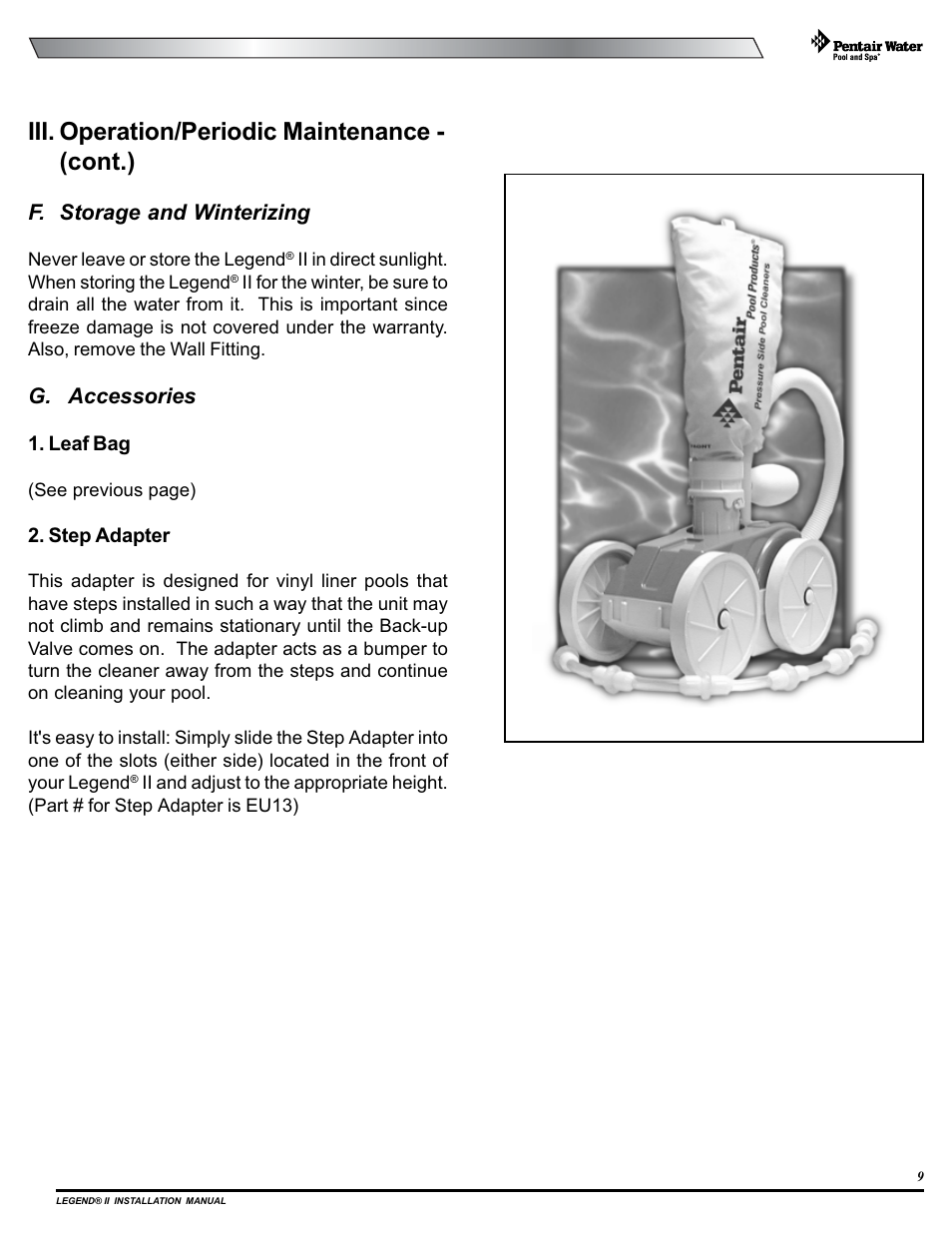 Iii. operation/periodic maintenance - (cont.), F. storage and winterizing, G. accessories | Pentair Pressure Side Pool Cleaner Legend II User Manual | Page 13 / 20