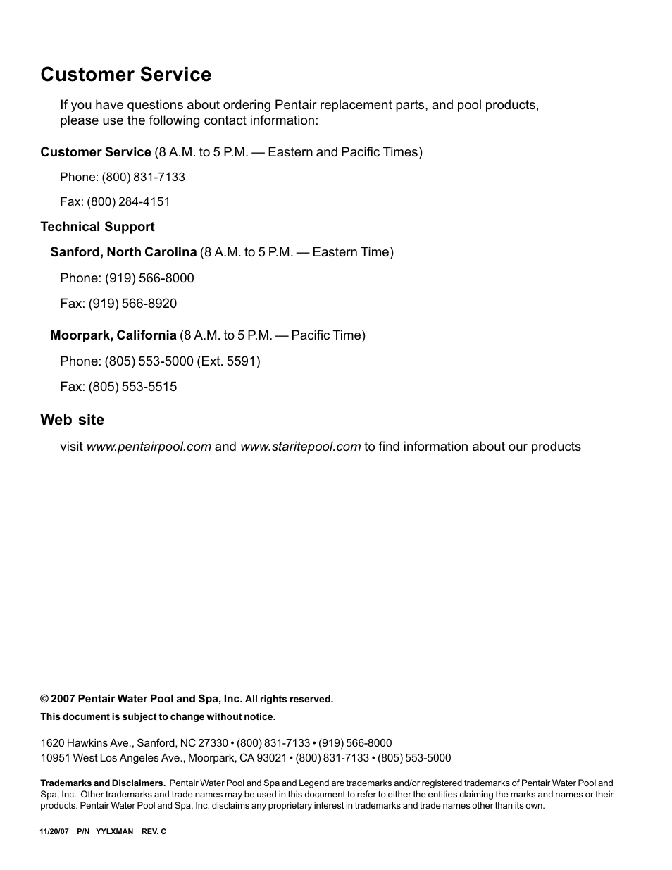 Customer service, Web site | Pentair Pressure Side Pool Cleaner Legend II User Manual | Page 2 / 20