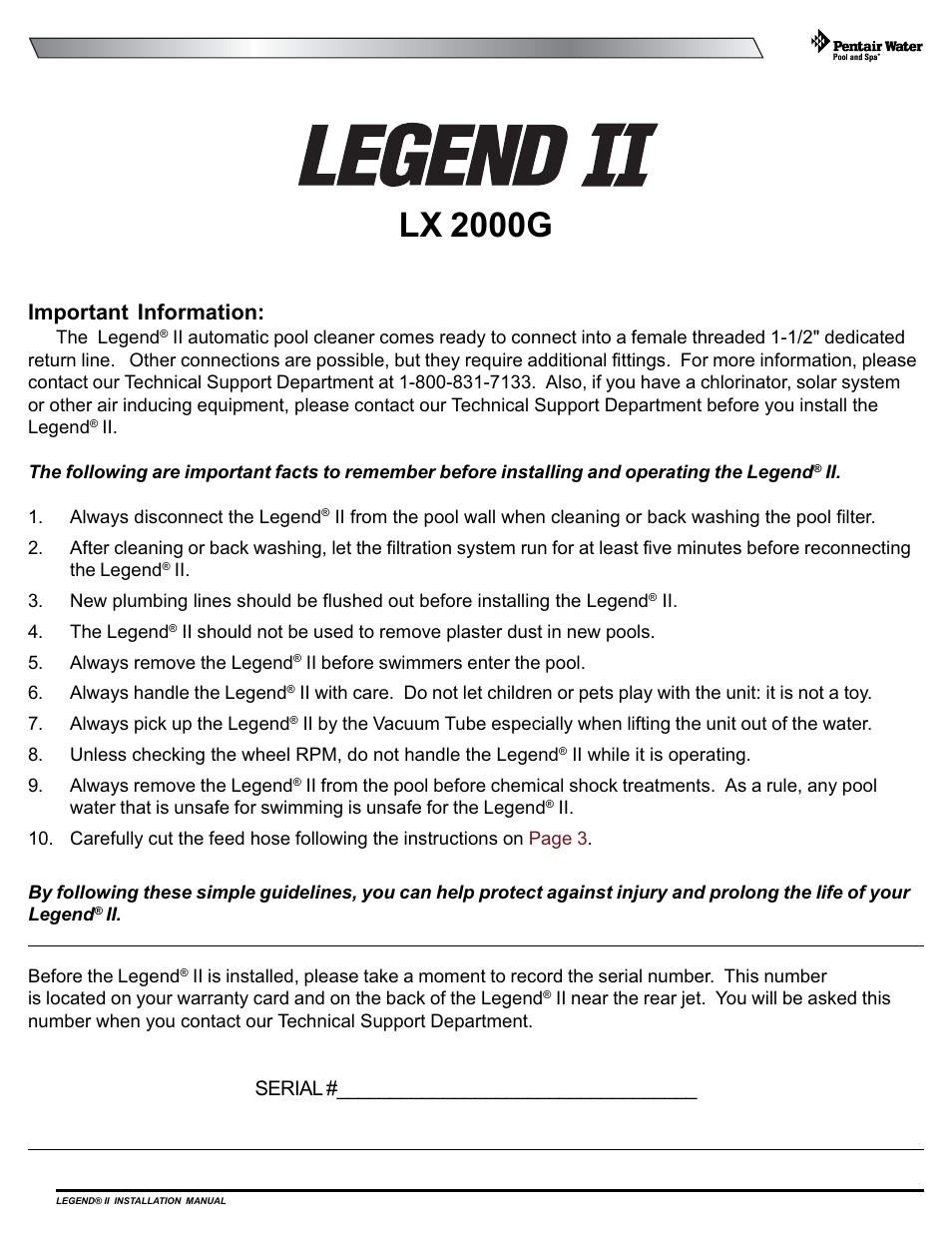 Lx 2000g, Important information, Serial | Pentair Pressure Side Pool Cleaner Legend II User Manual | Page 3 / 20