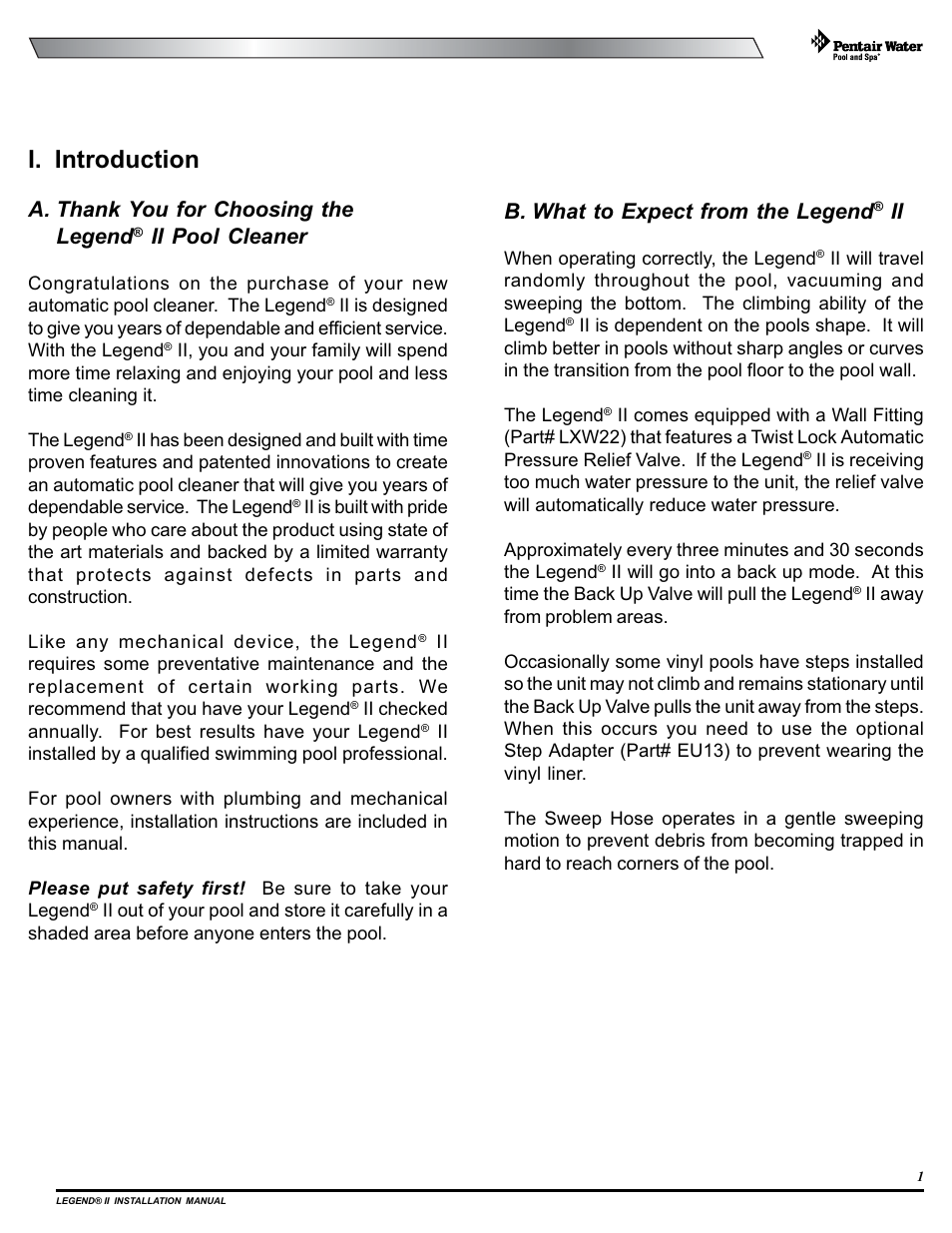 I. introduction, Ii pool cleaner, B. what to expect from the legend | Pentair Pressure Side Pool Cleaner Legend II User Manual | Page 5 / 20