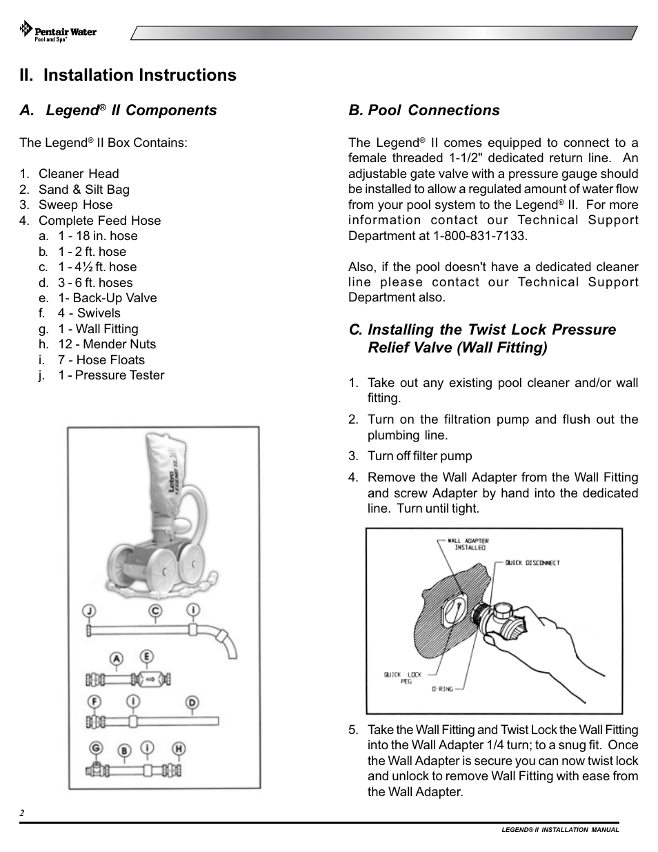 Ii. installation instructions, A. legend, Ii components | B. pool connections | Pentair Pressure Side Pool Cleaner Legend II User Manual | Page 6 / 20