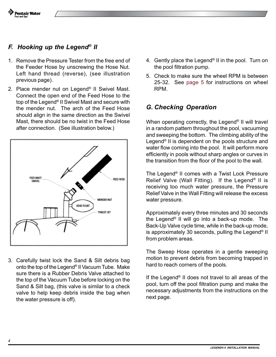 F. hooking up the legend, G. checking operation | Pentair Pressure Side Pool Cleaner Legend II User Manual | Page 8 / 20