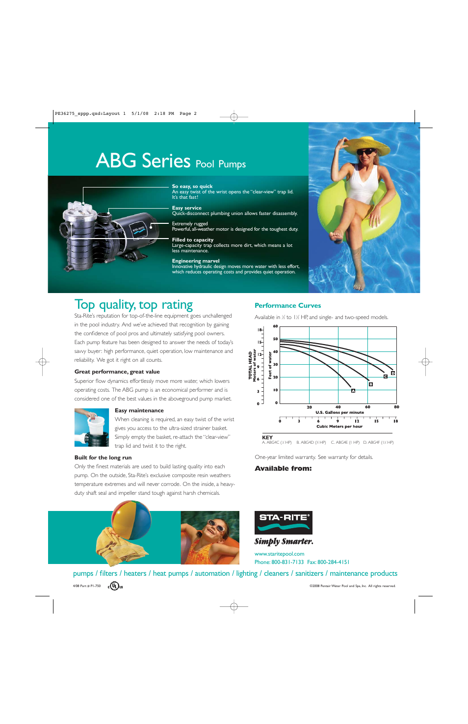 Abg series, Top quality, top rating, Pool pumps | Pentair ABG Series User Manual | Page 2 / 2