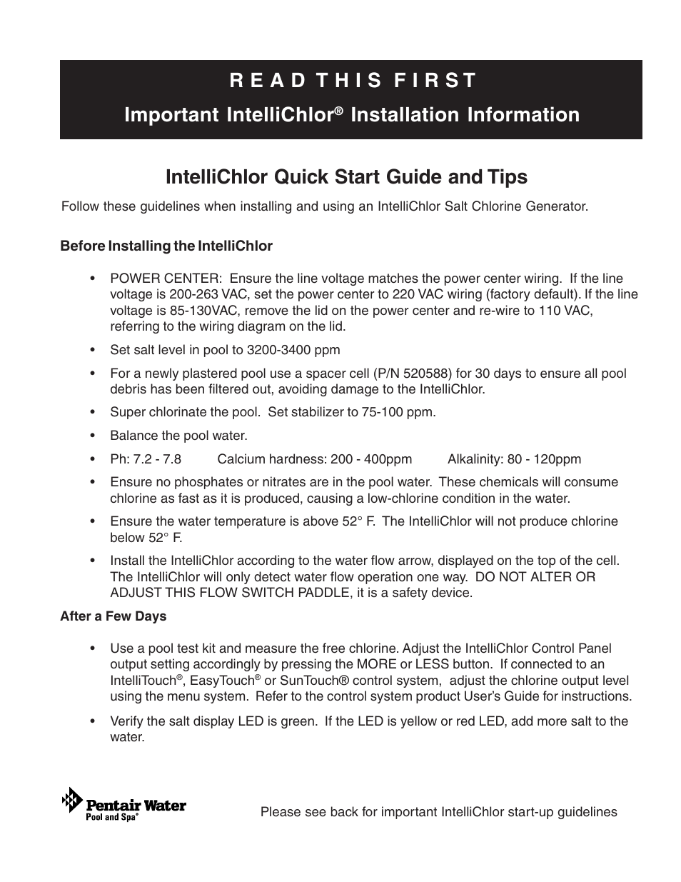 Pentair IntelliChlor User Manual | 2 pages