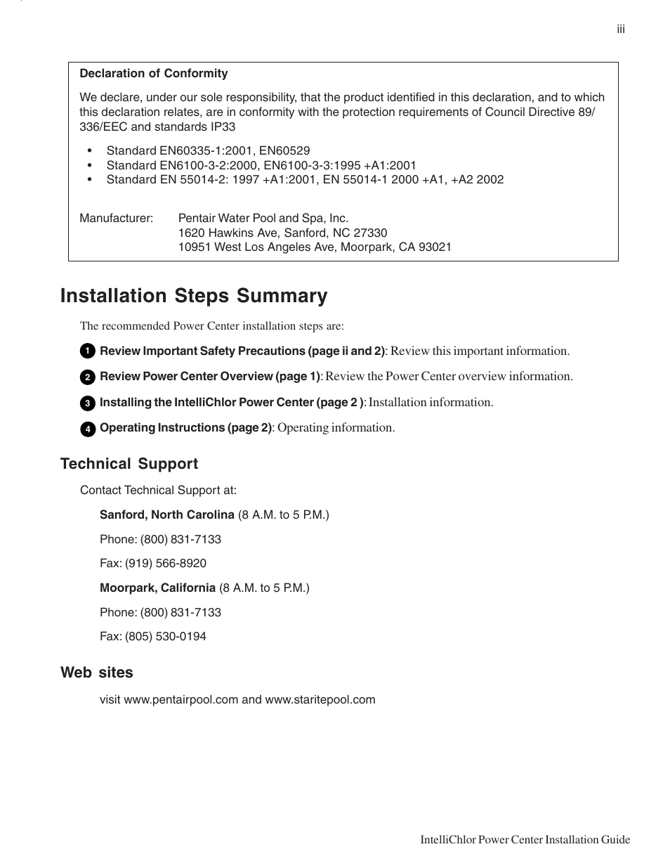 Installation steps summary, Technical support, Web sites | Pentair C40 User Manual | Page 5 / 13