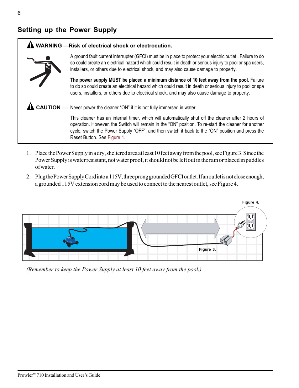 At least 10 feet, Setting up the power supply | Pentair 710 User Manual | Page 10 / 24