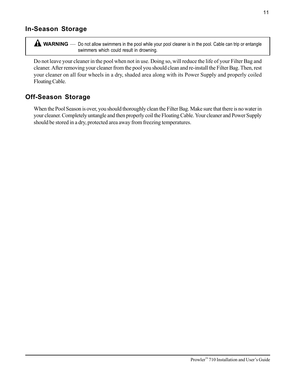 In-season storage, Off-season storage | Pentair 710 User Manual | Page 15 / 24