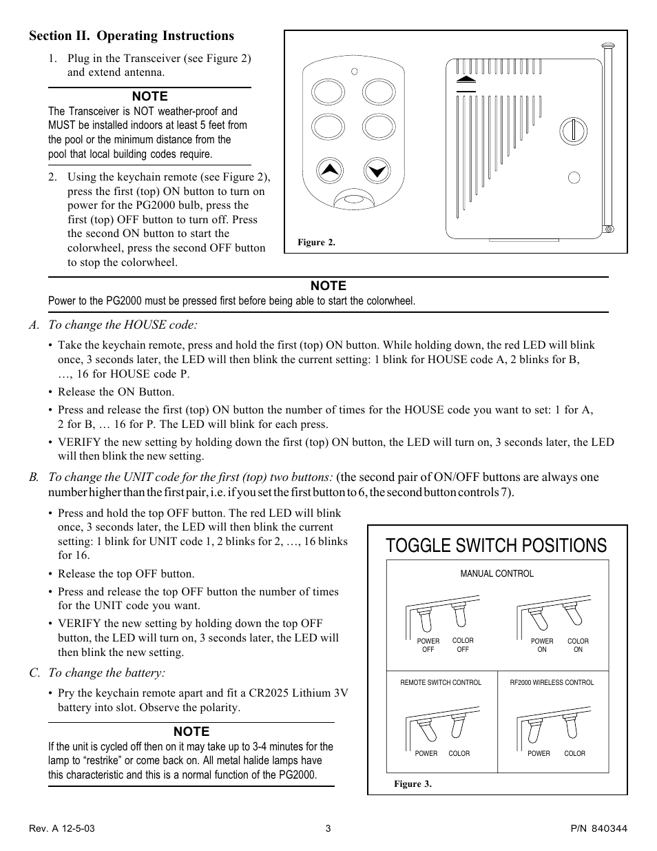 Toggle switch positions, A. to change the house code, C. to change the battery | Pentair X-10 User Manual | Page 3 / 4