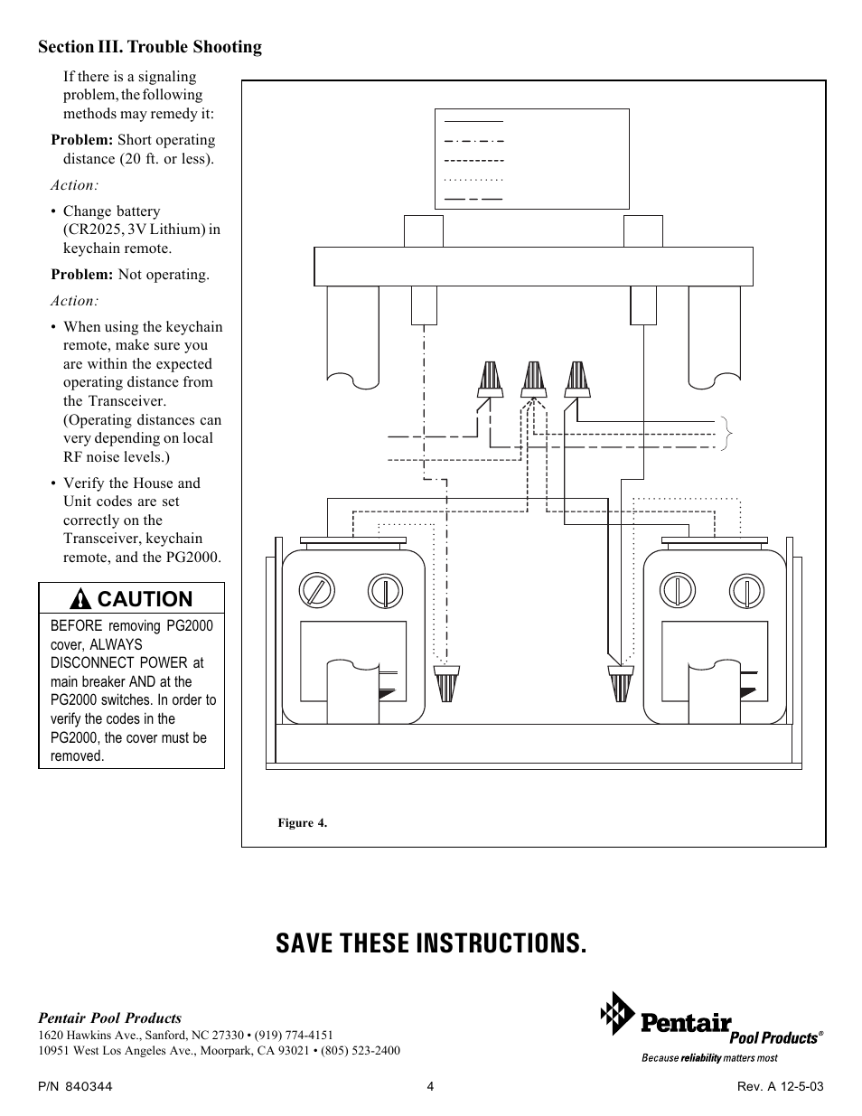 Save these instructions, Caution, Left” “right | Pg2000 (front view) & wiring diagram, Pentair pool products | Pentair X-10 User Manual | Page 4 / 4