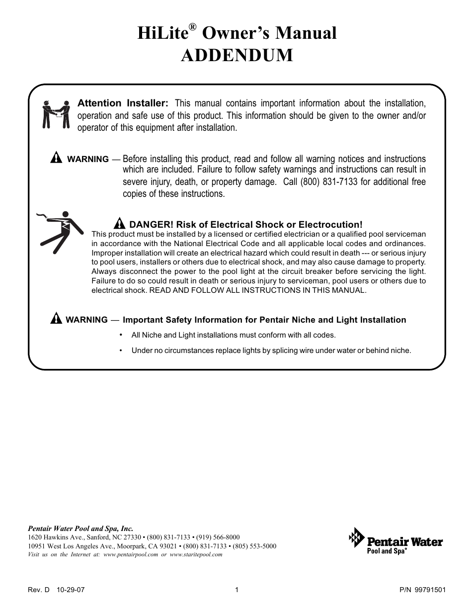 Pentair HiLite User Manual | 2 pages