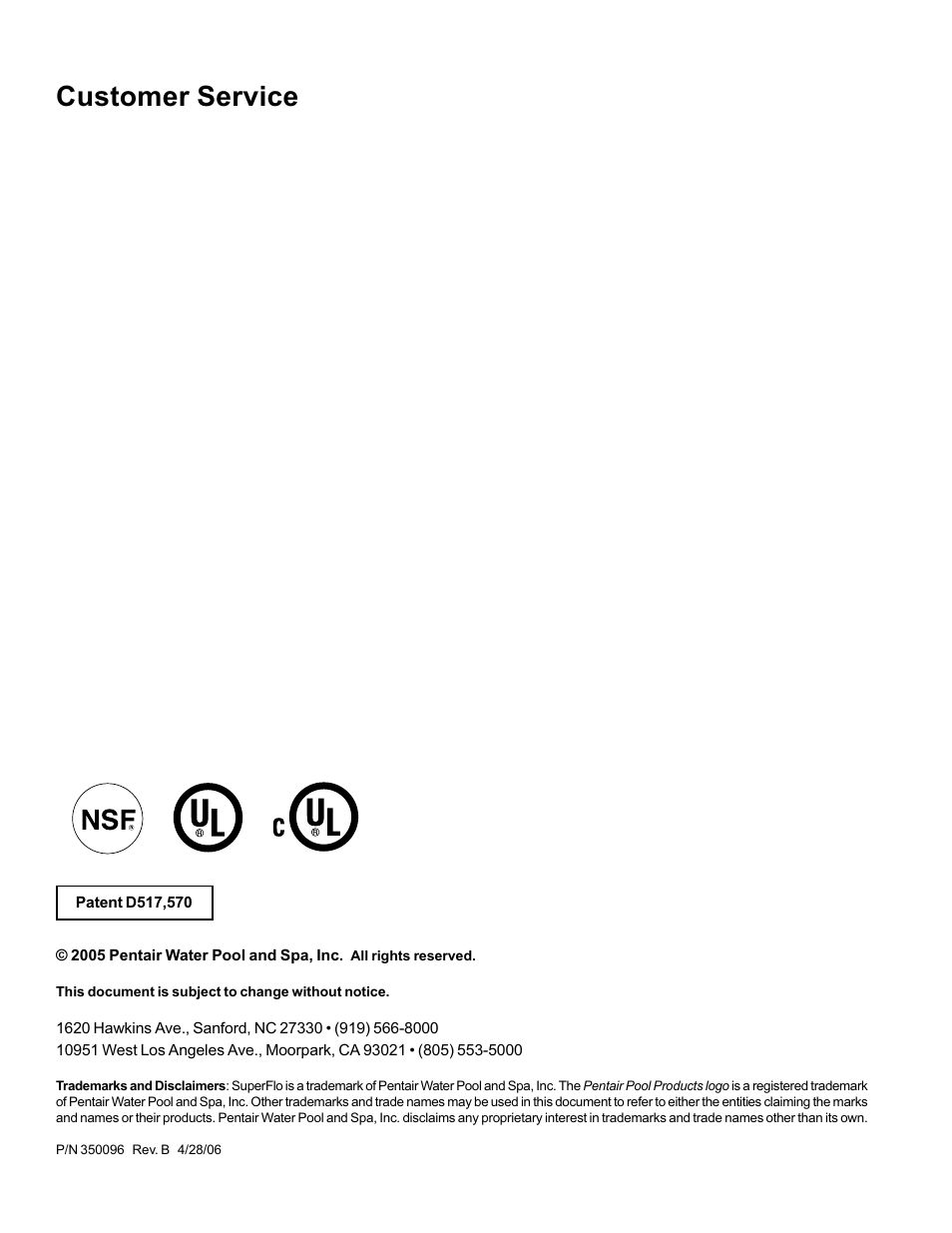 Customer service | Pentair Pump User Manual | Page 2 / 20