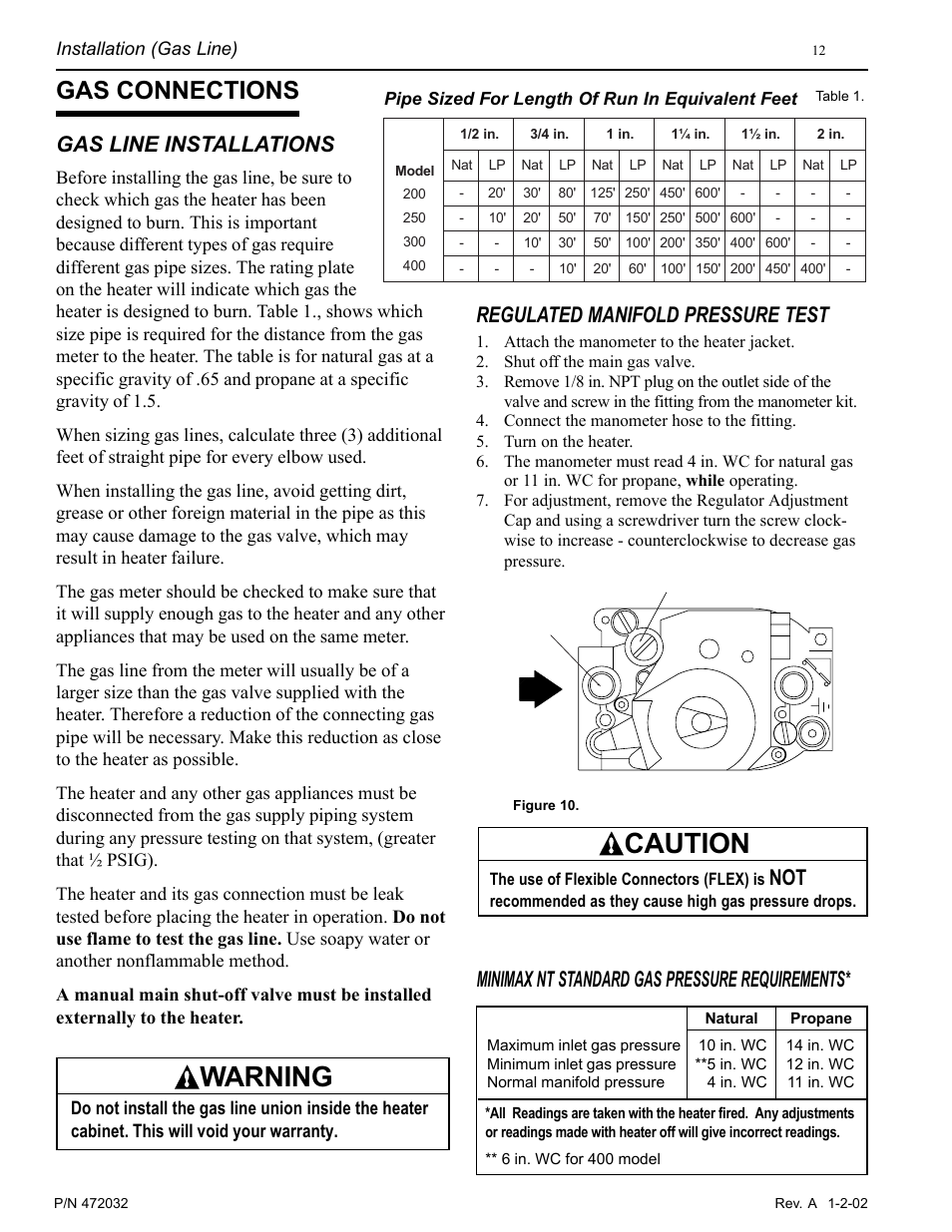 Caution, Warning, Gas connections | Gas line installations, Regulated manifold pressure test, Minimax nt standard gas pressure requirements, Installation (gas line) | Pentair MiniMax NT Standard Series User Manual | Page 12 / 32