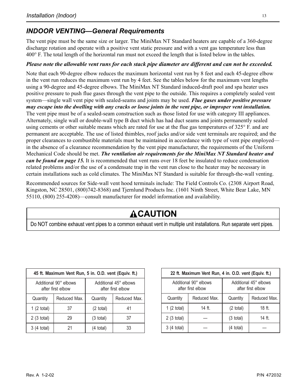 Caution, Indoor venting—general requirements | Pentair MiniMax NT Standard Series User Manual | Page 13 / 32