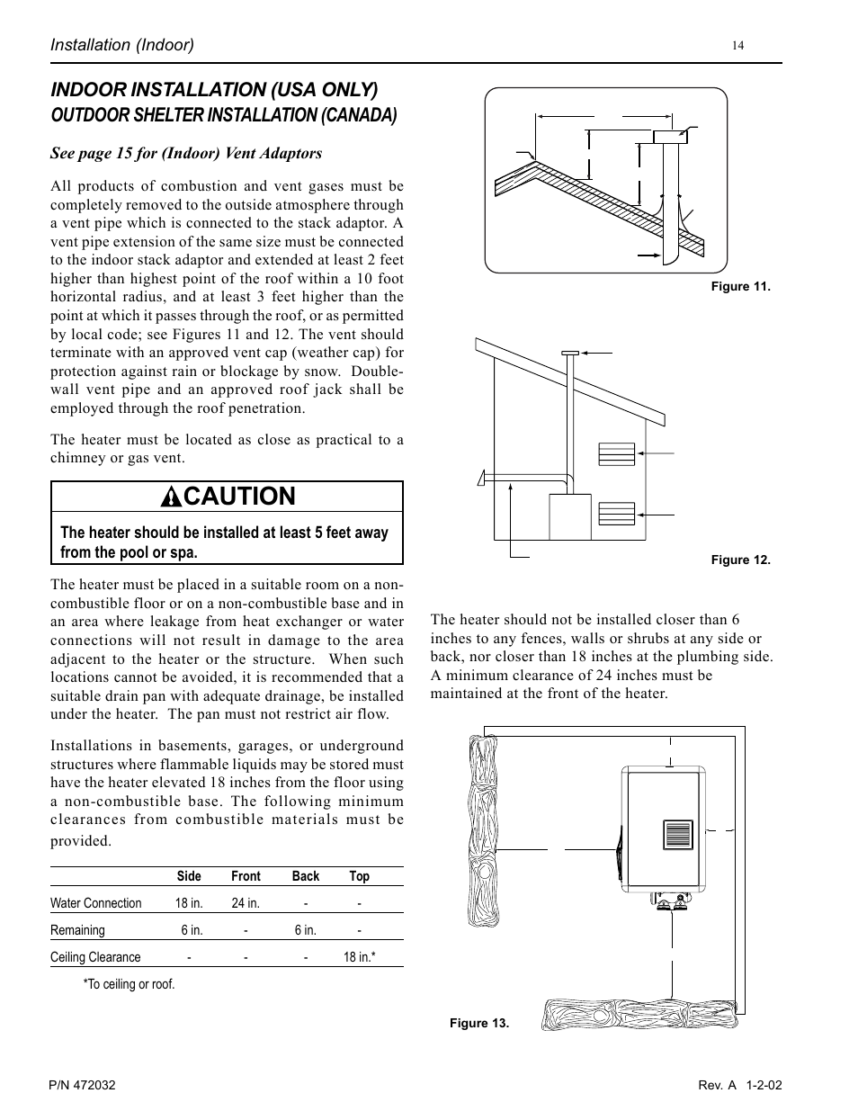 Caution, See page 15 for (indoor) vent adaptors, Installation (indoor) | Pentair MiniMax NT Standard Series User Manual | Page 14 / 32