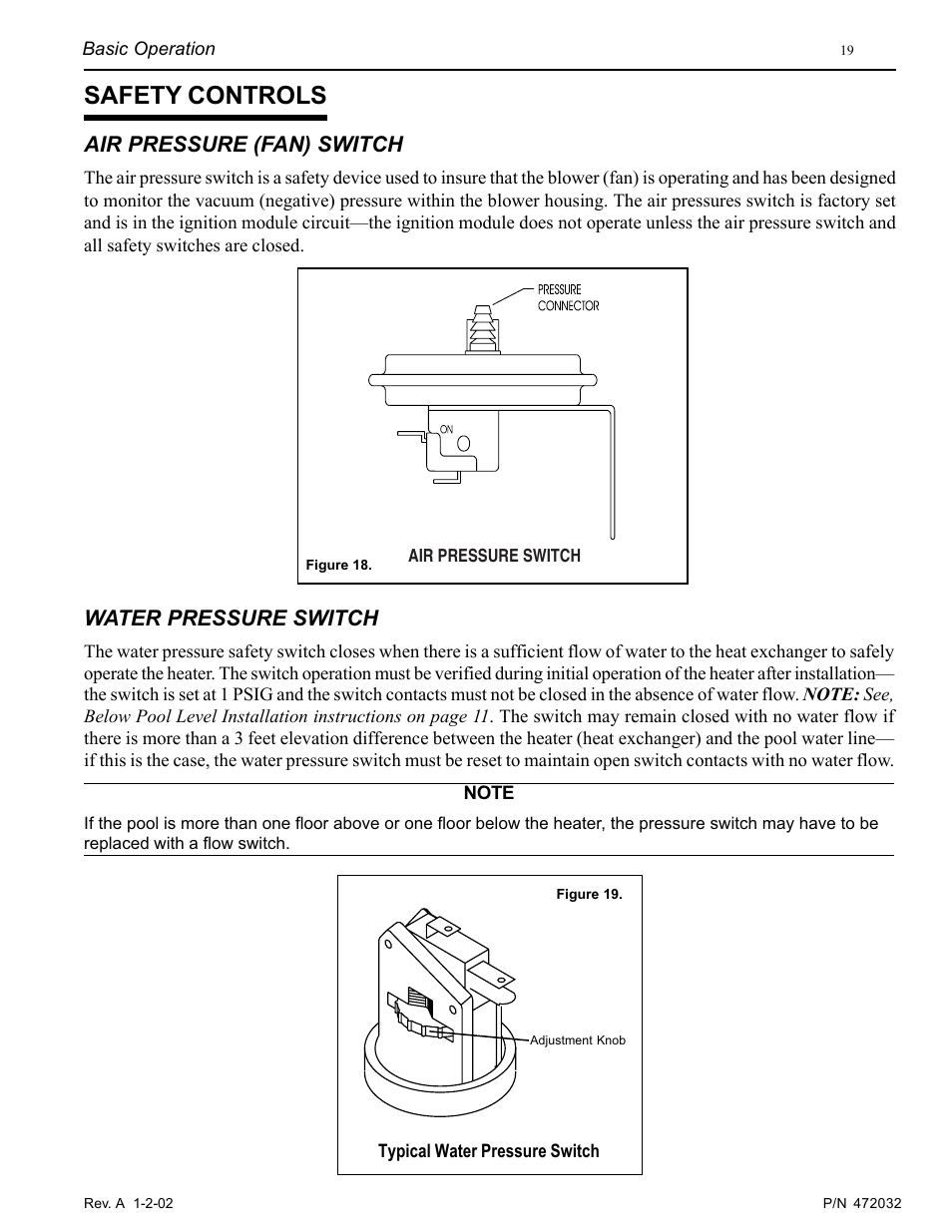 Safety controls, Air pressure (fan) switch, Water pressure switch | Pentair MiniMax NT Standard Series User Manual | Page 19 / 32