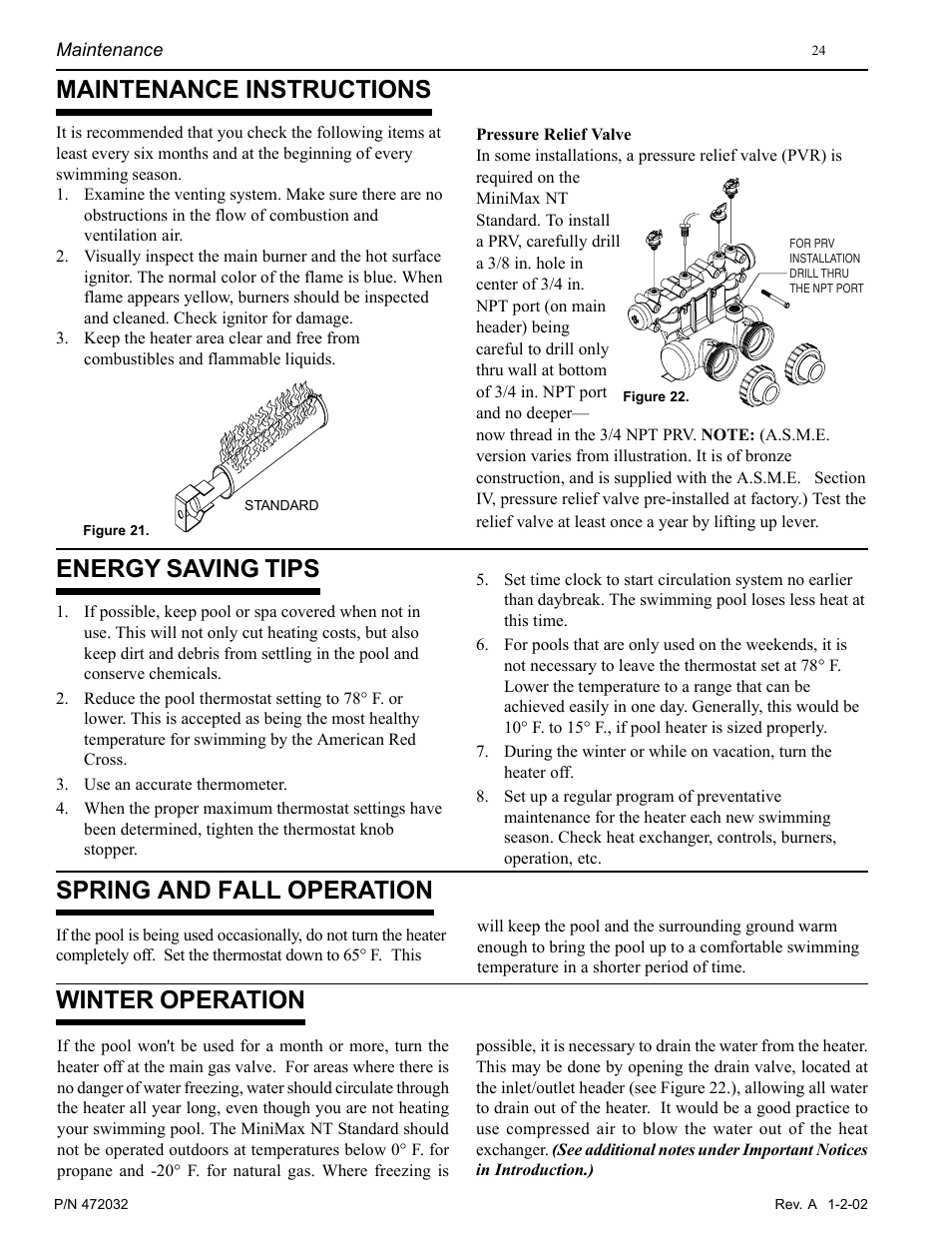 Maintenance instructions, Energy saving tips, Spring and fall operation | Winter operation | Pentair MiniMax NT Standard Series User Manual | Page 24 / 32
