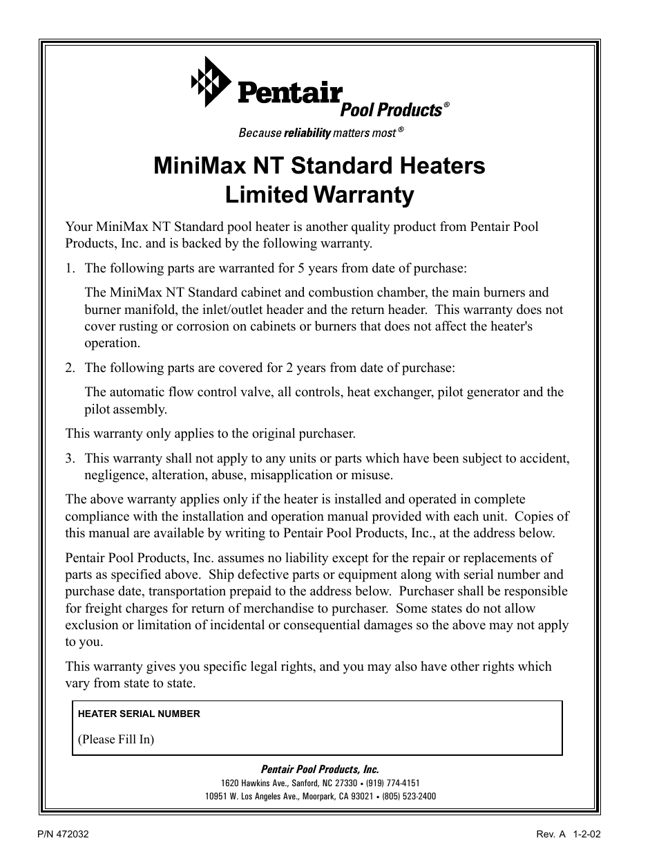 Minimax nt standard heaters limited warranty | Pentair MiniMax NT Standard Series User Manual | Page 32 / 32