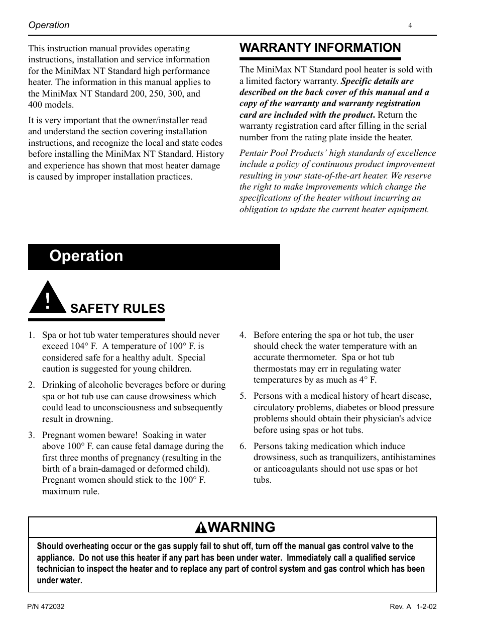 Operation, Warning, Safety rules | Warranty information | Pentair MiniMax NT Standard Series User Manual | Page 4 / 32