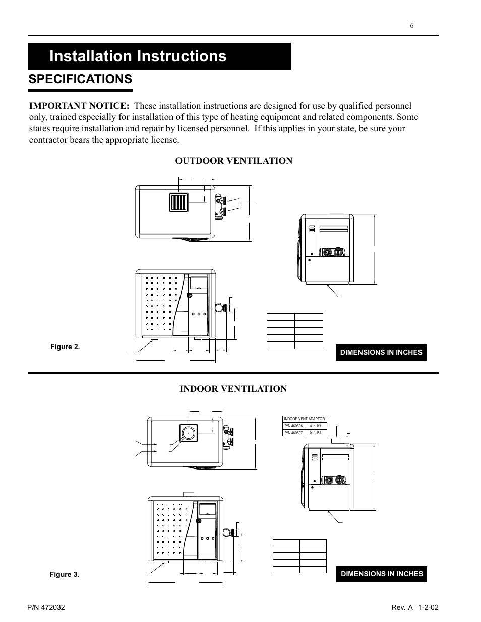 Installation instructions, Specifications, Outdoor ventilation indoor ventilation | Pentair MiniMax NT Standard Series User Manual | Page 6 / 32