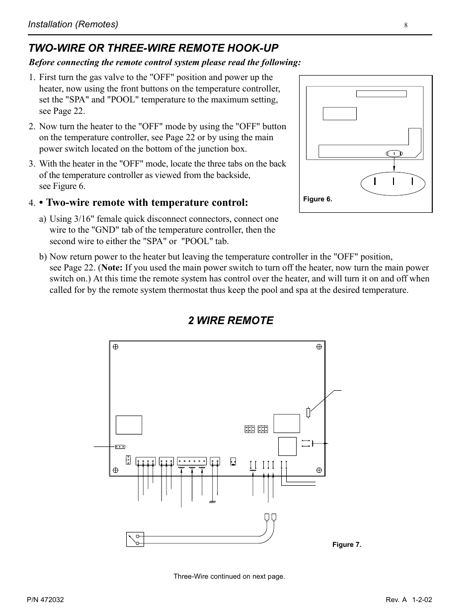 Two-wire or three-wire remote hook-up, Two-wire remote with temperature control, 2 wire remote | Figure 6, Figure 7. three-wire continued on next page | Pentair MiniMax NT Standard Series User Manual | Page 8 / 32
