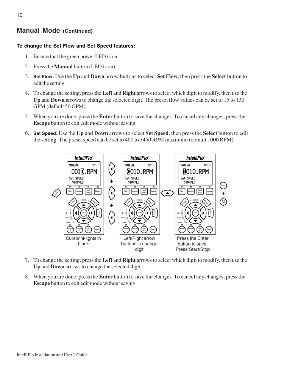 Manual mode, Intelliflo, Intelliflo installation and user’s guide | Set flow, Set speed | Pentair IntelliComm User Manual | Page 16 / 64