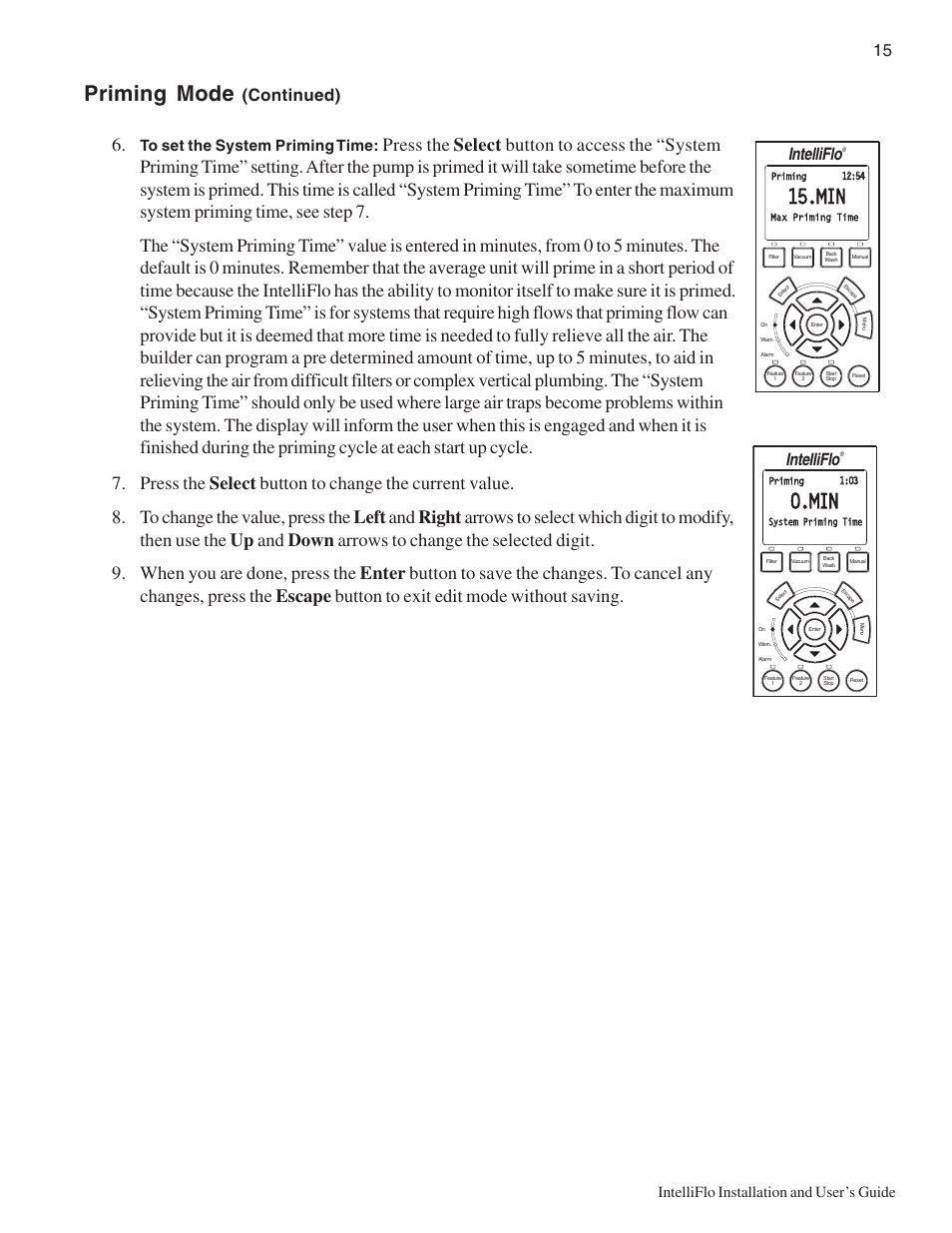 Priming mode, Continued), Intelliflo | Intelliflo installation and user’s guide | Pentair IntelliComm User Manual | Page 21 / 64