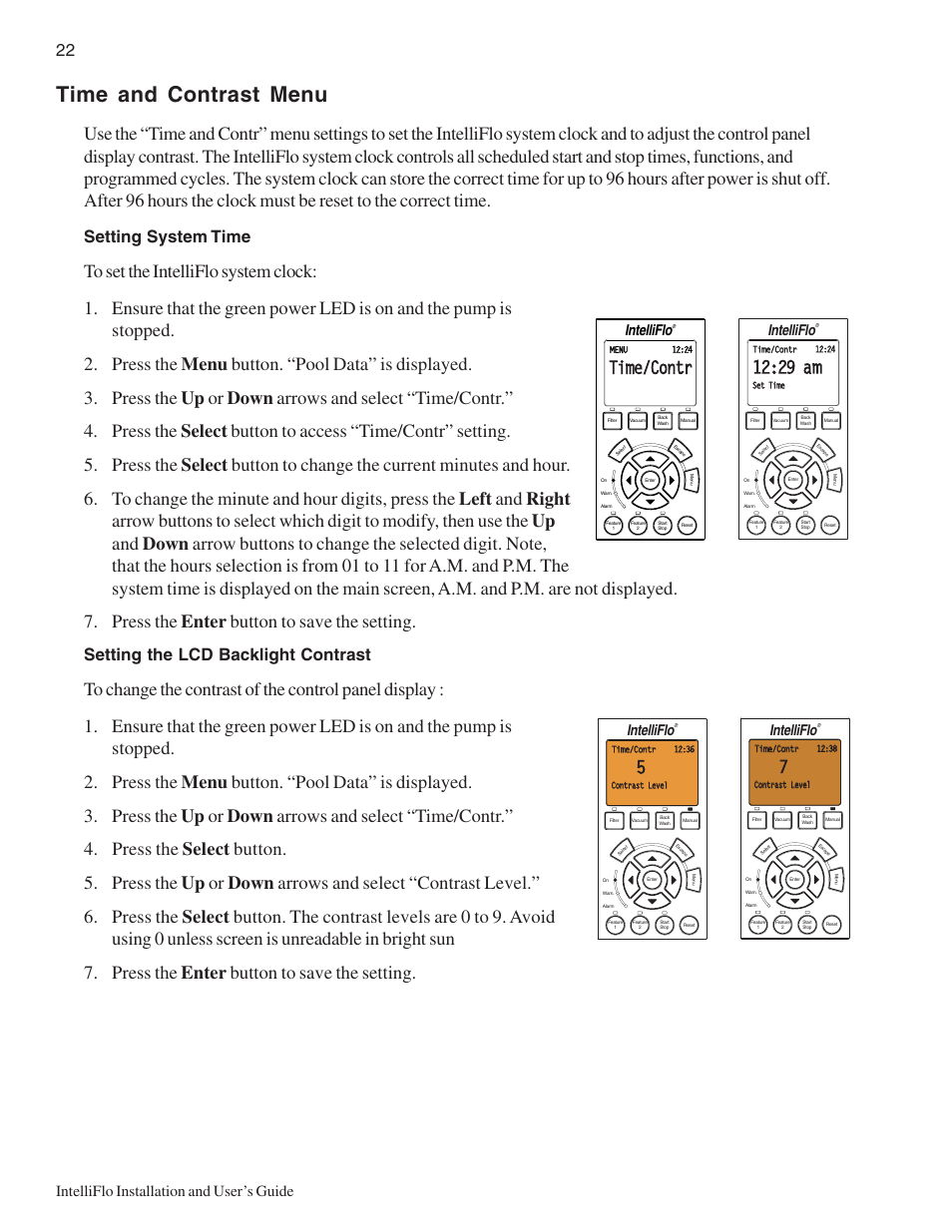 Time and contrast menu, Setting system time, Setting the lcd backlight contrast | Time/contr, Intelliflo installation and user’s guide, Intelliflo | Pentair IntelliComm User Manual | Page 28 / 64