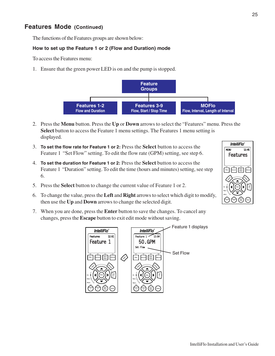 Features mode, Feature 1, Continued) | Features, Feature groups features 3-9, Features 1-2, Moflo, Intelliflo installation and user’s guide, Set flow feature 1 displays, Flow, start / stop time | Pentair IntelliComm User Manual | Page 31 / 64