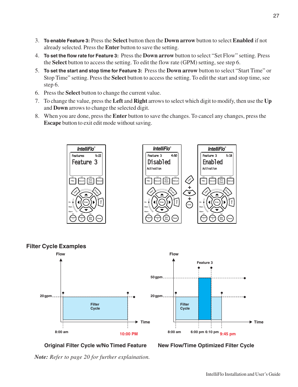 Disabled, Enabled, Feature 3 | Original filter cycle w/no timed feature, New flow/time optimized filter cycle, Intelliflo, Intelliflo installation and user’s guide | Pentair IntelliComm User Manual | Page 33 / 64