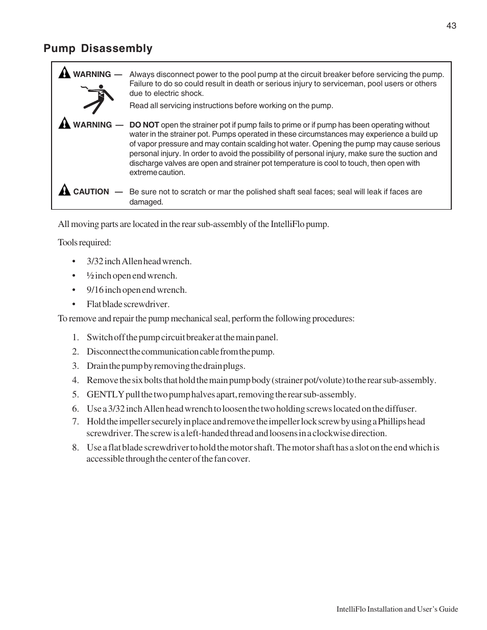 Pump disassembly | Pentair IntelliComm User Manual | Page 49 / 64