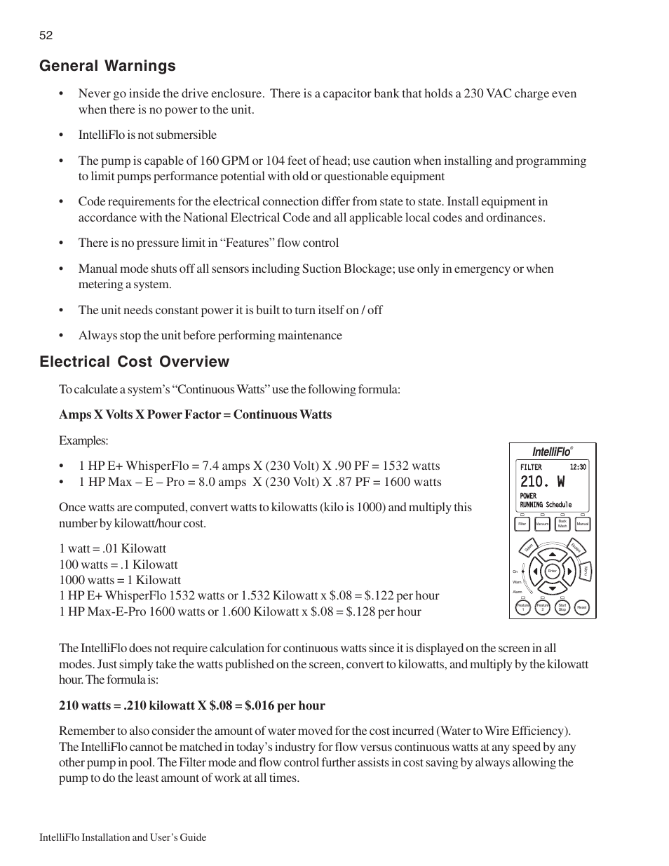 Electrical cost overview, General warnings, Intelliflo | Pentair IntelliComm User Manual | Page 58 / 64
