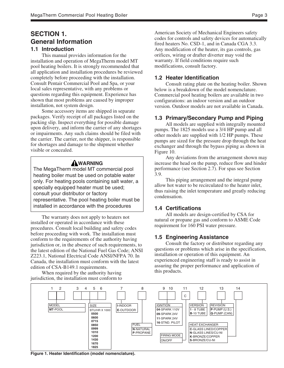 1 introduction, 2 heater identification, 3 primary/secondary pump and piping | 4 certifications, 5 engineering assistance | Pentair MT Sizes 500 User Manual | Page 3 / 32