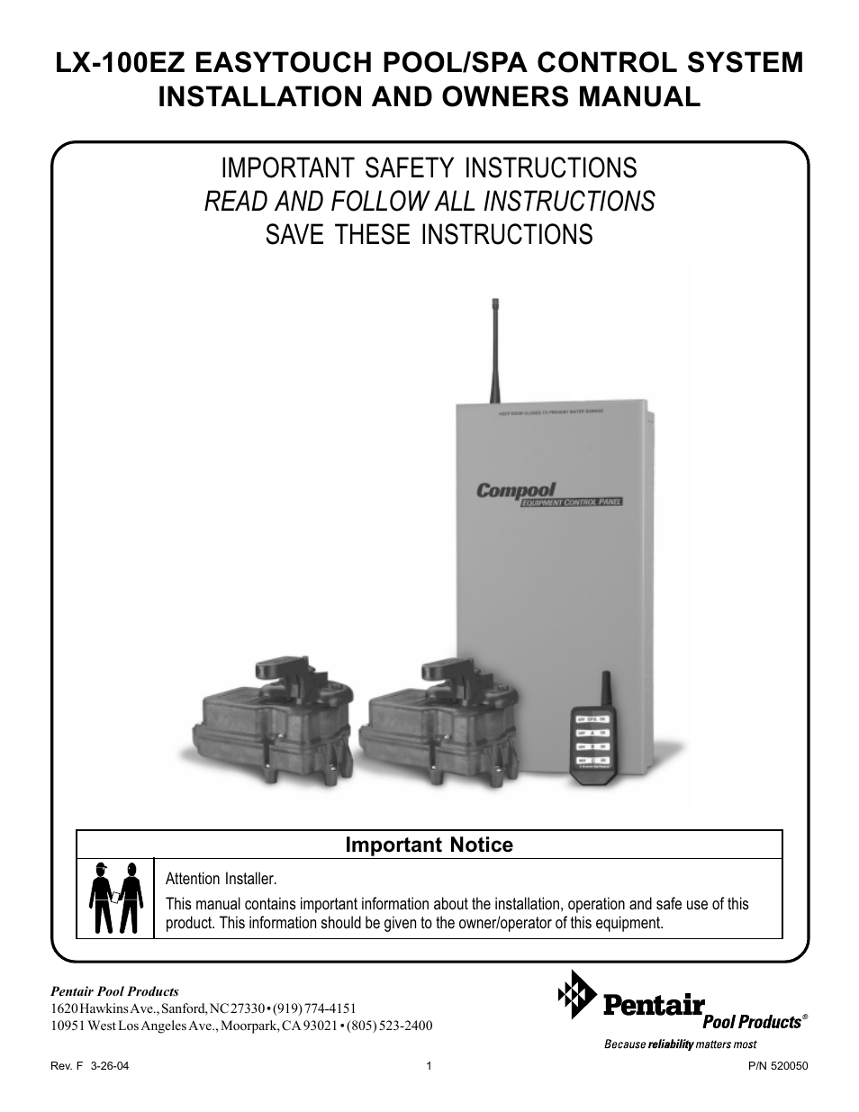 Pentair EasyTouch Pool/Spa Control System LX-100EZ User Manual | 32 pages