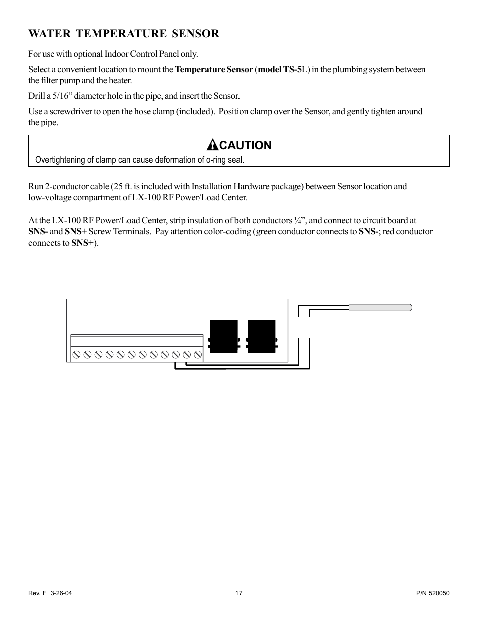 Water temperature sensor, Caution | Pentair EasyTouch Pool/Spa Control System LX-100EZ User Manual | Page 17 / 32