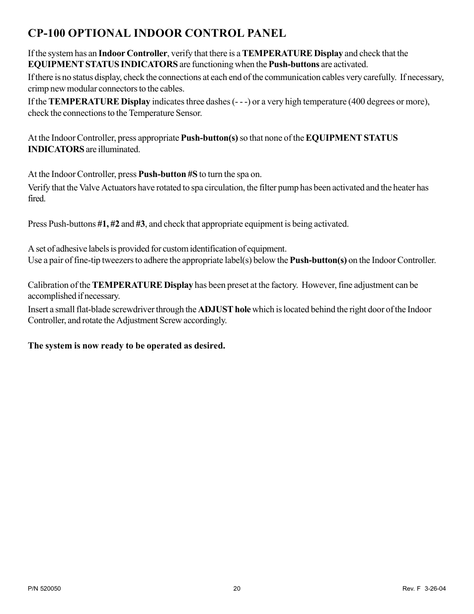 Cp-100 optional indoor control panel | Pentair EasyTouch Pool/Spa Control System LX-100EZ User Manual | Page 20 / 32
