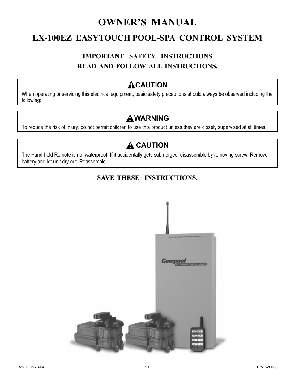 Owner’s manual, Lx-100ez easytouch pool-spa control system | Pentair EasyTouch Pool/Spa Control System LX-100EZ User Manual | Page 21 / 32