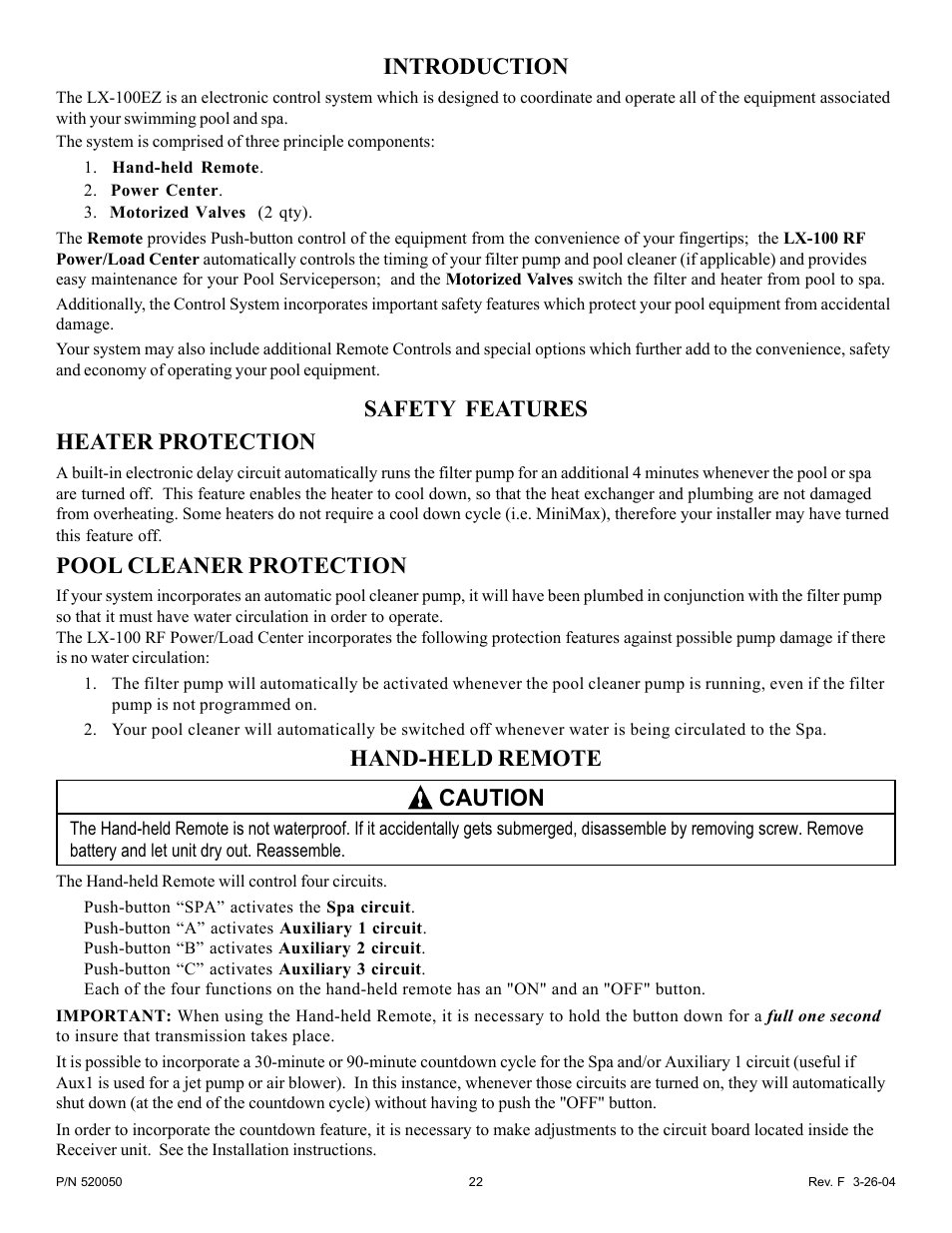 Introduction, Safety features heater protection, Pool cleaner protection | Hand-held remote caution | Pentair EasyTouch Pool/Spa Control System LX-100EZ User Manual | Page 22 / 32
