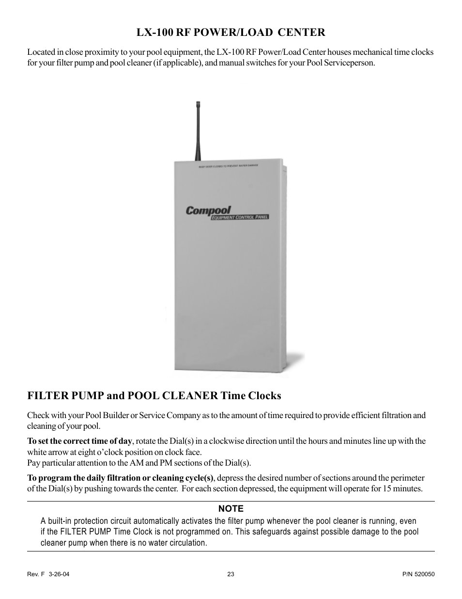 Lx-100 rf power/load center, Filter pump and pool cleaner time clocks | Pentair EasyTouch Pool/Spa Control System LX-100EZ User Manual | Page 23 / 32